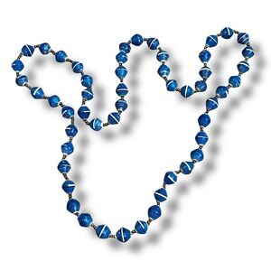 Rolled Paper Bead Necklace Handmade Blue White Stripe 36" Fair Trade Boho Artsy
